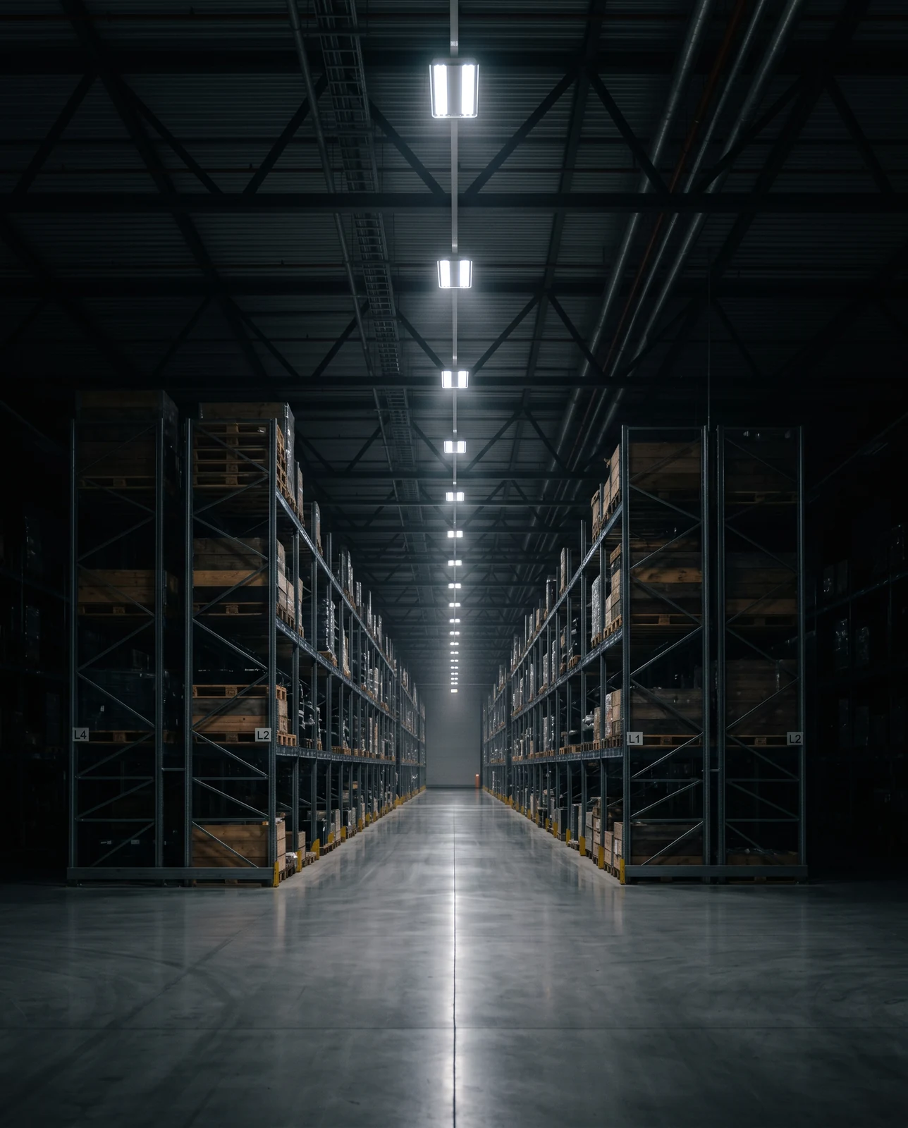 Commercial & Industrial — high-bay warehouse interior at night
