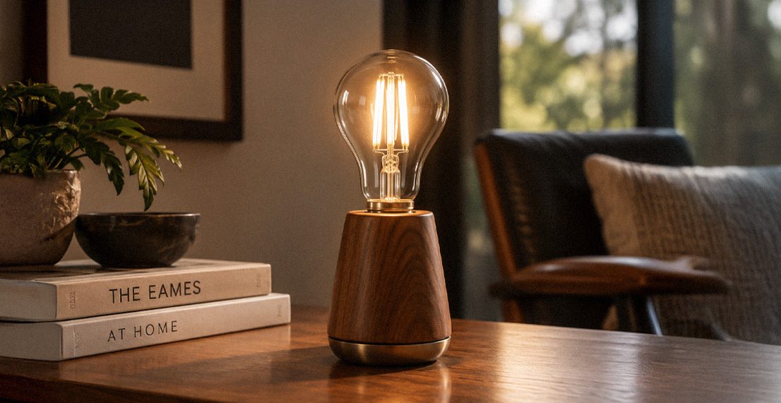 Eames A19 decorative LED lamp with its mid-century glass silhouette lit in a warm interior setting