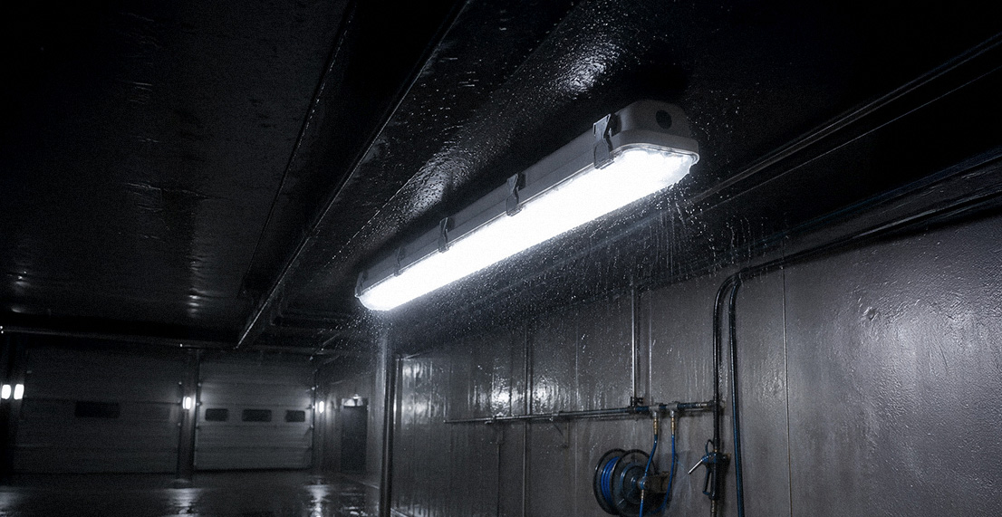 Eureka Series washdown vapor tight fixture illuminated in a wet industrial corridor with water spraying from an overhead line