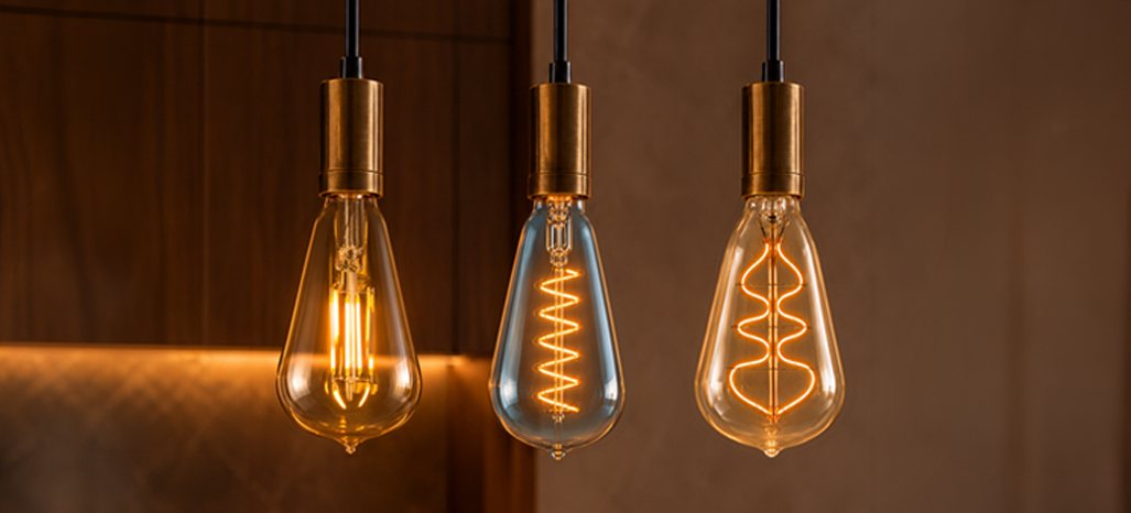 Three Foundry Edison LED filament lamps on brass pendants, in amber and smoked glass with three filament styles