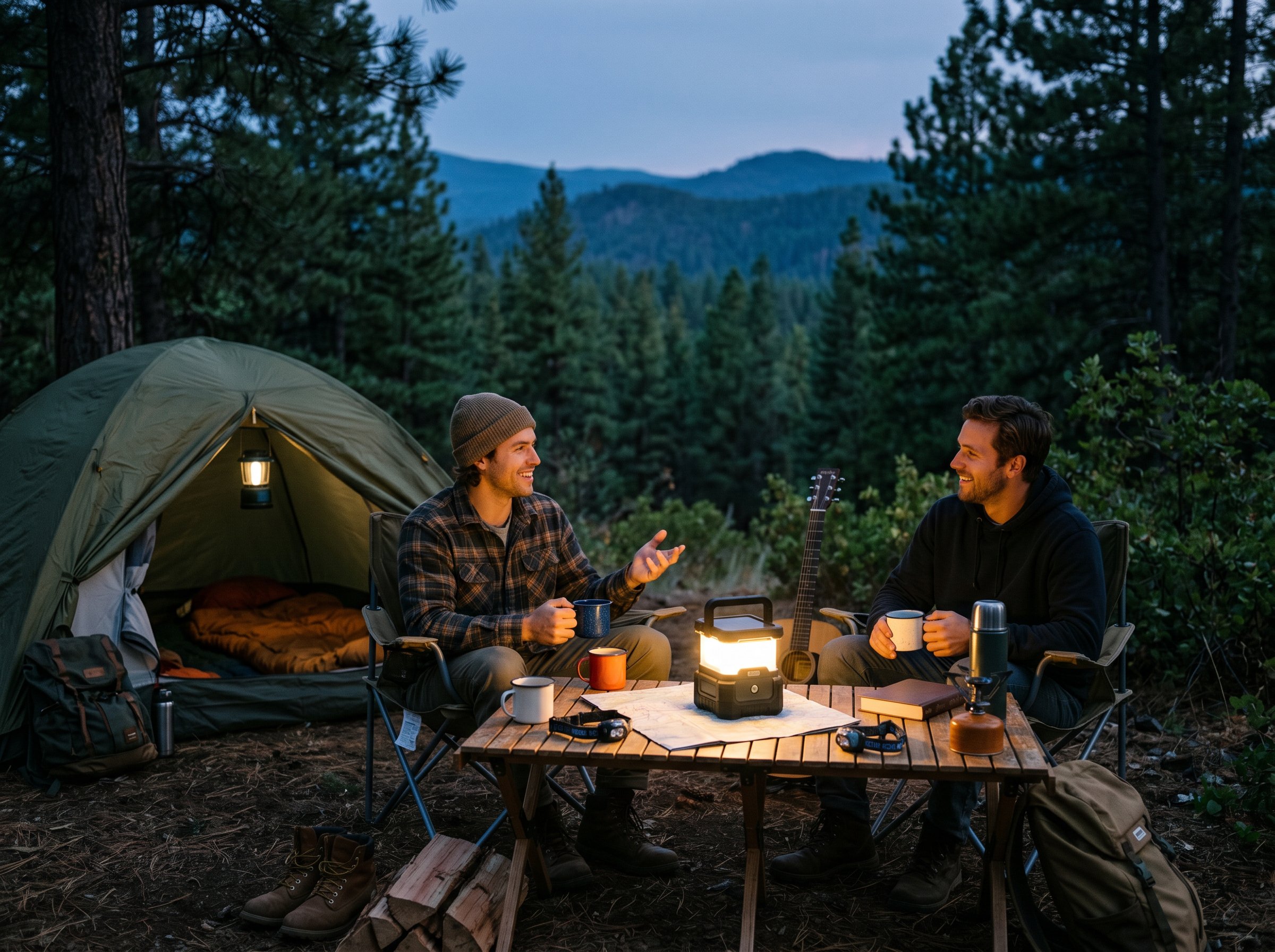 Campsite at dusk with solar lantern glowing warm on a tent and gear