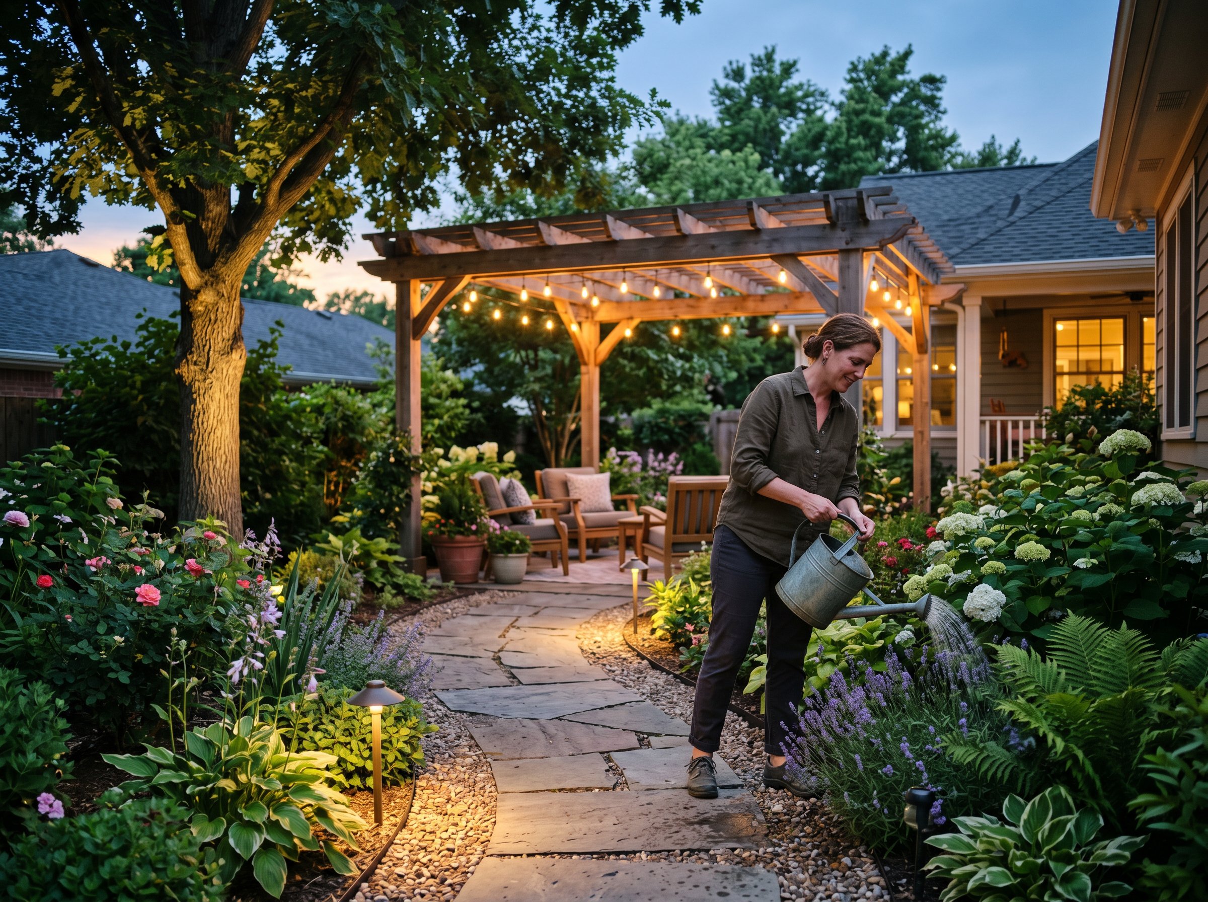 Lush garden at dusk with warm pathway lighting and glowing landscape accents