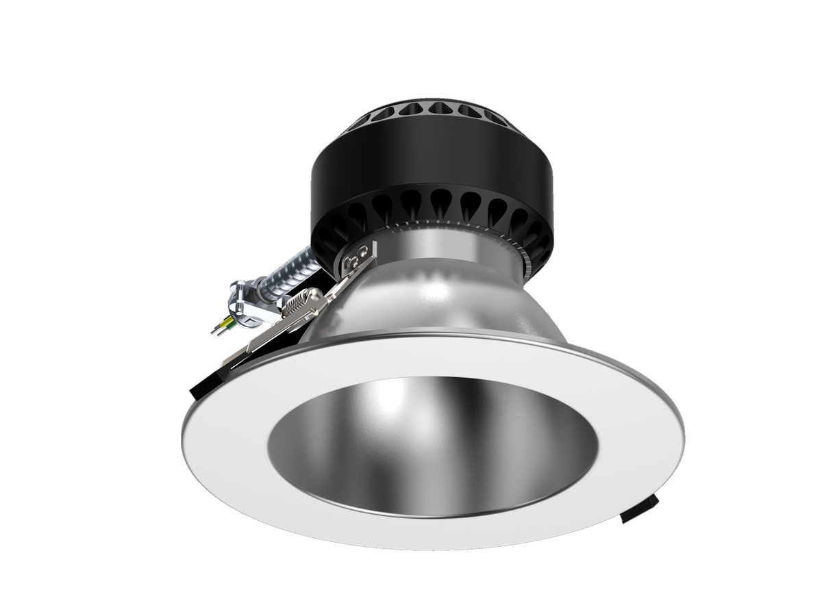 Astra commercial downlight with white trim and chrome reflector