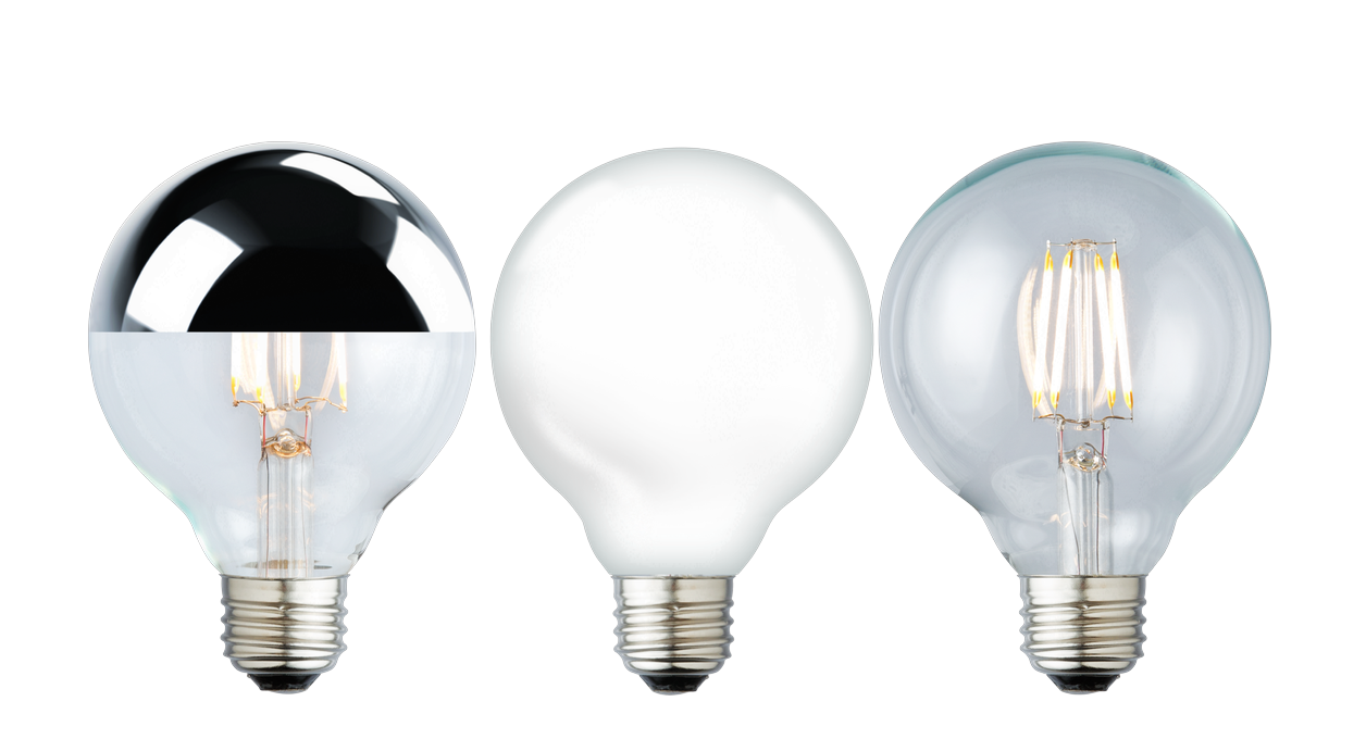 The Eichler G25 family — LTG25S silver crown, LTG25F frosted, LTG25C clear filament globe LED lamps