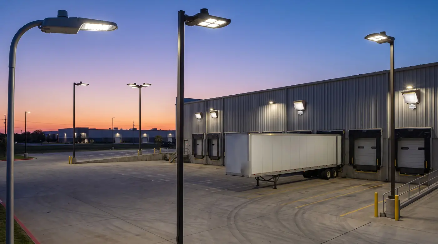 A loading dock at dusk with a twist-lock controller on a roadway light and motion sensors under the wall packs