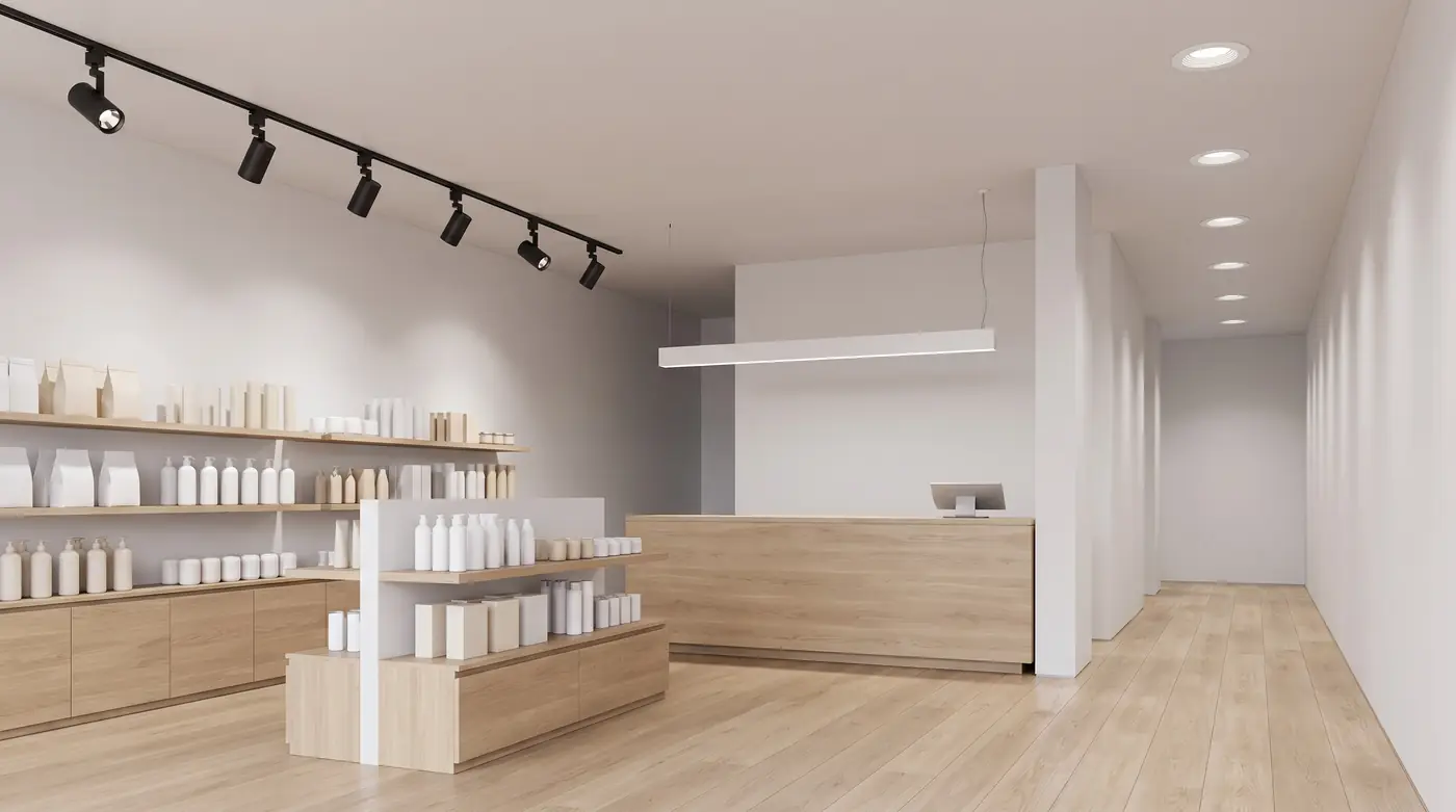 A retail showroom with track heads over the shelves, a suspended linear light over the counter and a row of downlights