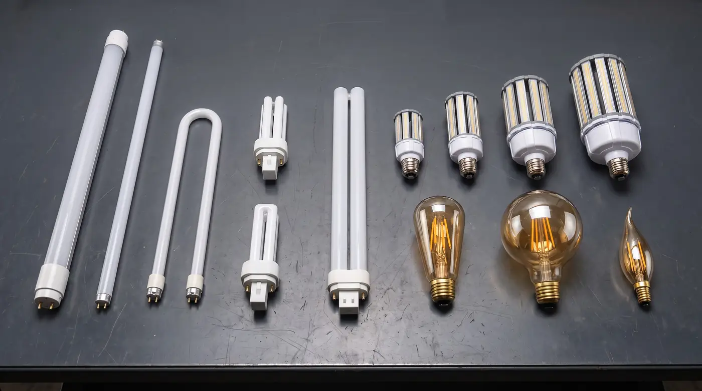 LED replacement lamps laid out side by side on a work table: T8, T5 and U-bent tubes, PL and PLL compacts, corn lamps and filament bulbs