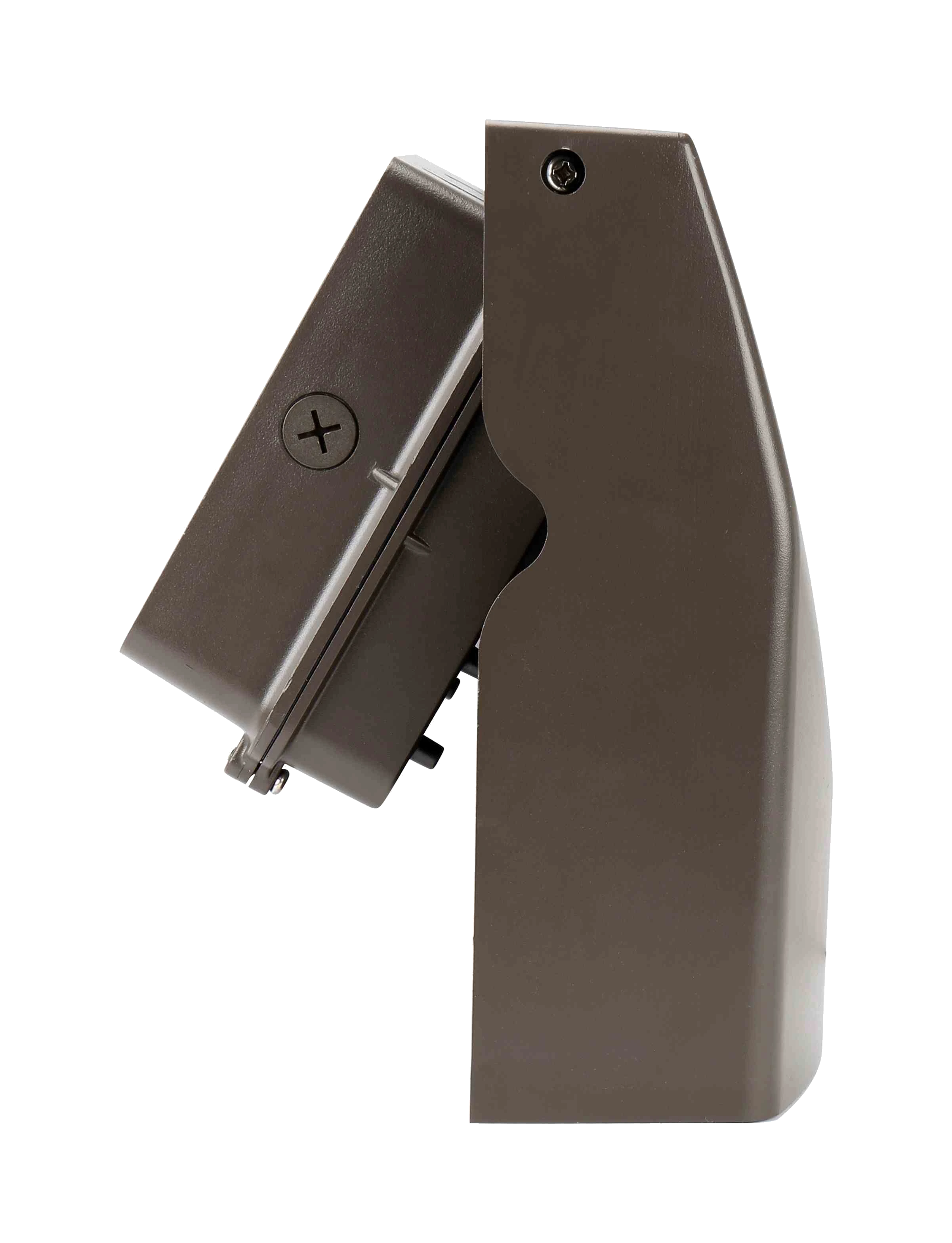 Anaheim — tilt-up demonstration, head pivoted upward on the side hinge, protractor markings visible on the wedge bracket — the literal aiming mechanism