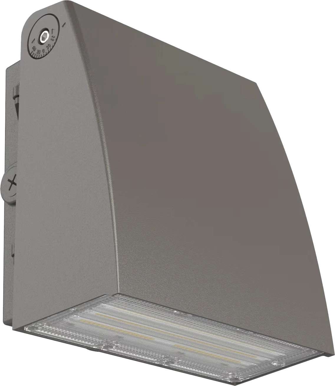 luxoⒶRCH Atlanta — PRO adjustable wall pack with WATTSELECT × CCTSELECT field-set DIPs and integrated photocell standard, dark bronze finish, sibling tier to Pathfinder