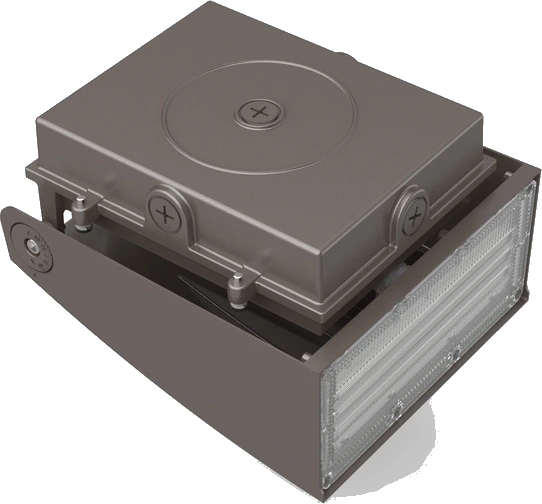 Atlanta — top-down view showing the J-box mounting plate, the bolt-through interface to the side-tilt bracket, and the wet-location gasket between mounting plate and housing