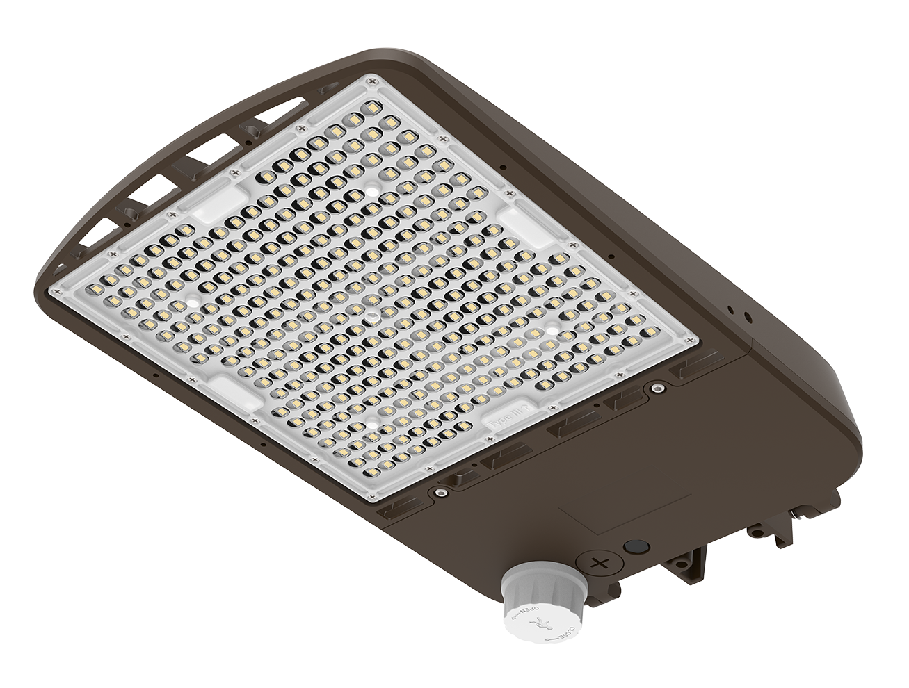Heritage Series LSBX shoebox area light — primary 3/4 angle view of the dark bronze die-cast aluminum housing with UV-resistant powder coat finish, photocell-ready receptacle on top, 3-CCTSELECT and 3-WATTSELECT DIP-switch driver compartment