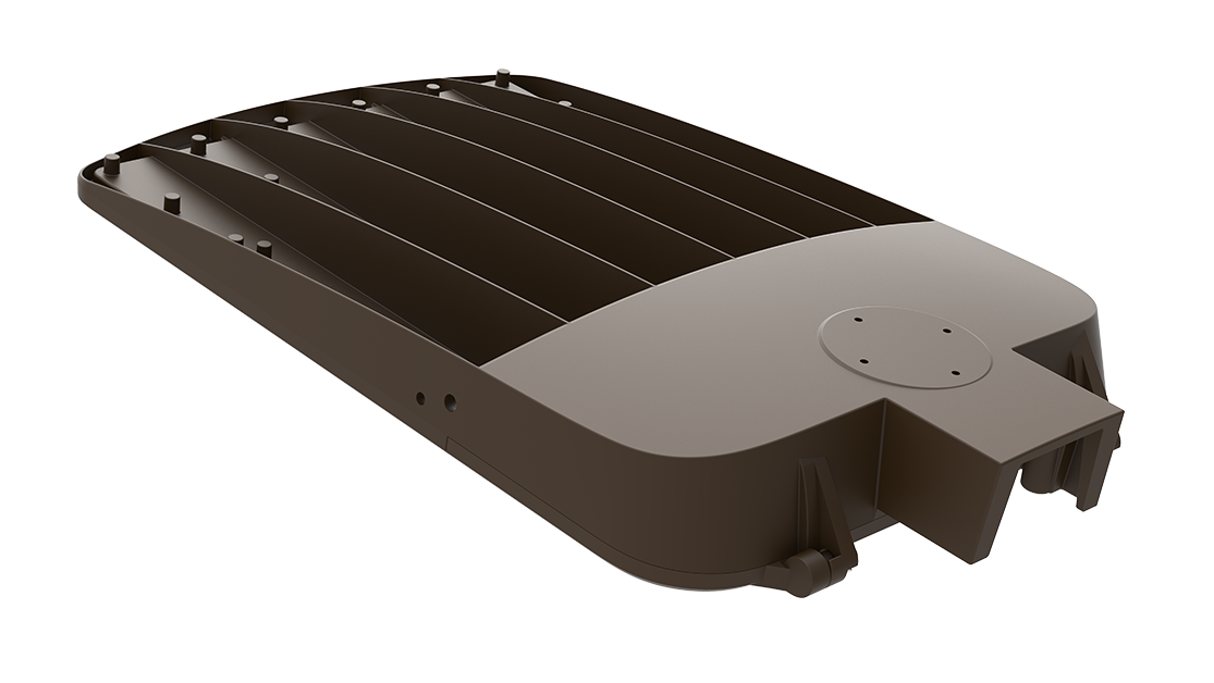 Heritage Series — detail of the die-cast hinge driver access panel and 3-position WATTSELECT plus 3-position CCTSELECT field-set DIP switches