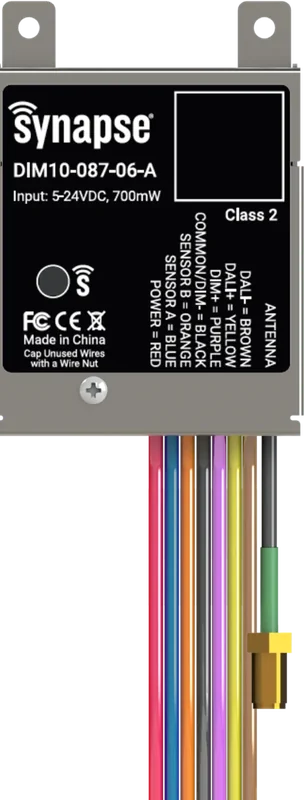 Synapse DIM10 retrofit external controller — metal enclosure with 0-10V dimming flying-leads