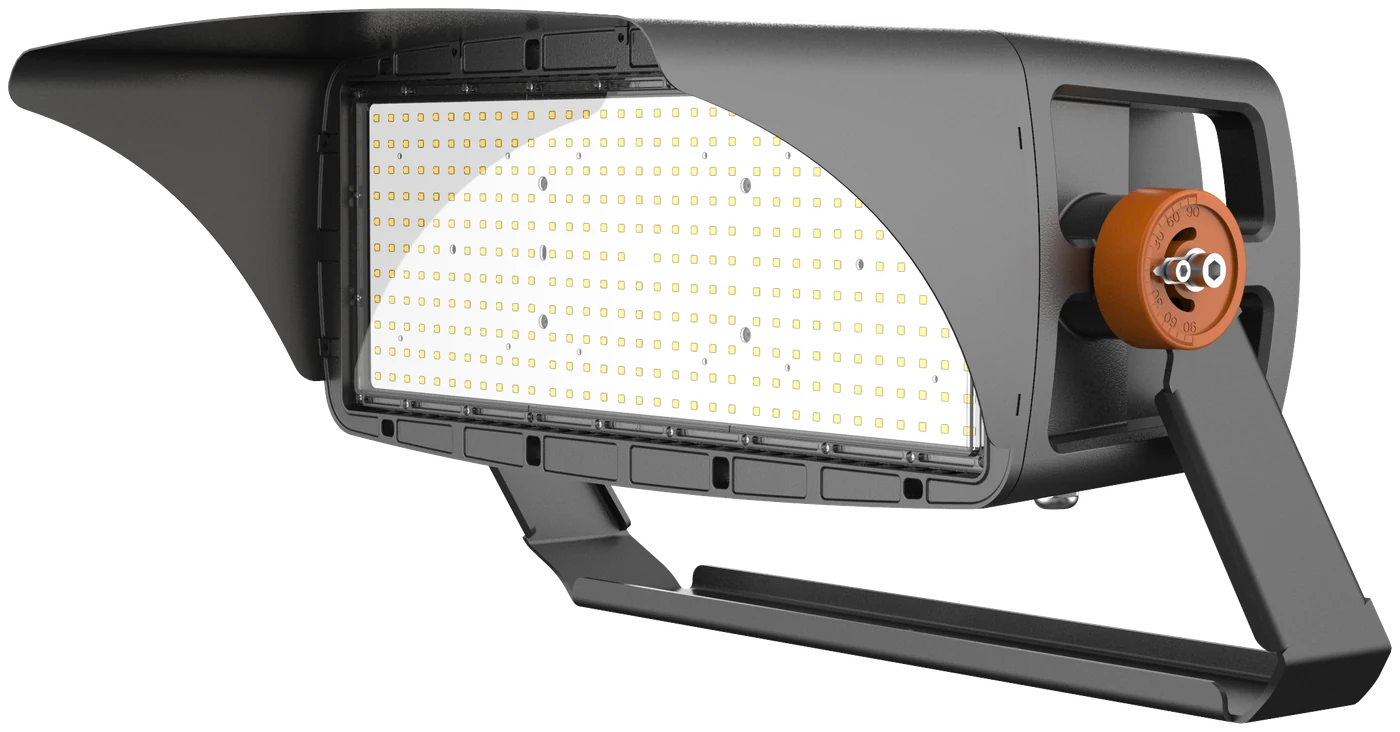 Illuminator — 3/4 angle hero, LED face illuminated, orange pivot pin visible