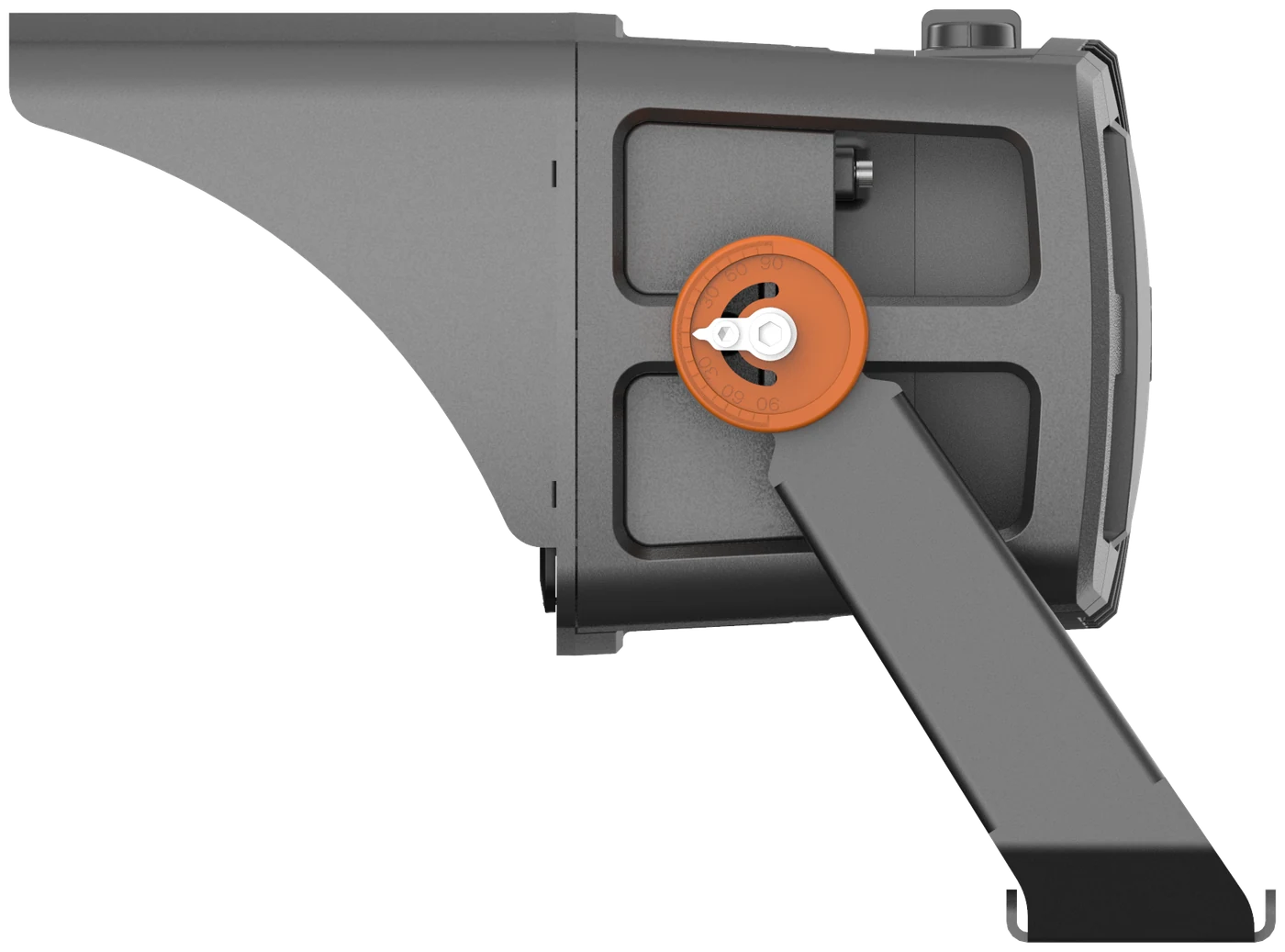 Illuminator — side profile detail showing trunnion yoke and pivot pin assembly