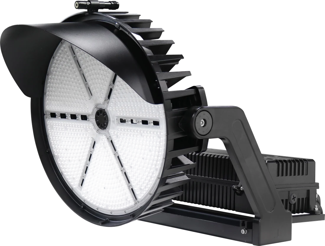 LSPL Radiator — round-face wide-beam sports luminaire with curved shield and laser sight mount