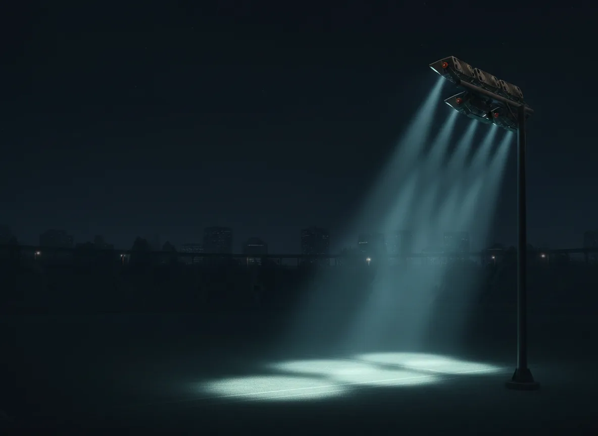 4 Archipelago Illuminator floodlights mounted on a stadium pole at night, broadcast-grade beam pools landing on the field below