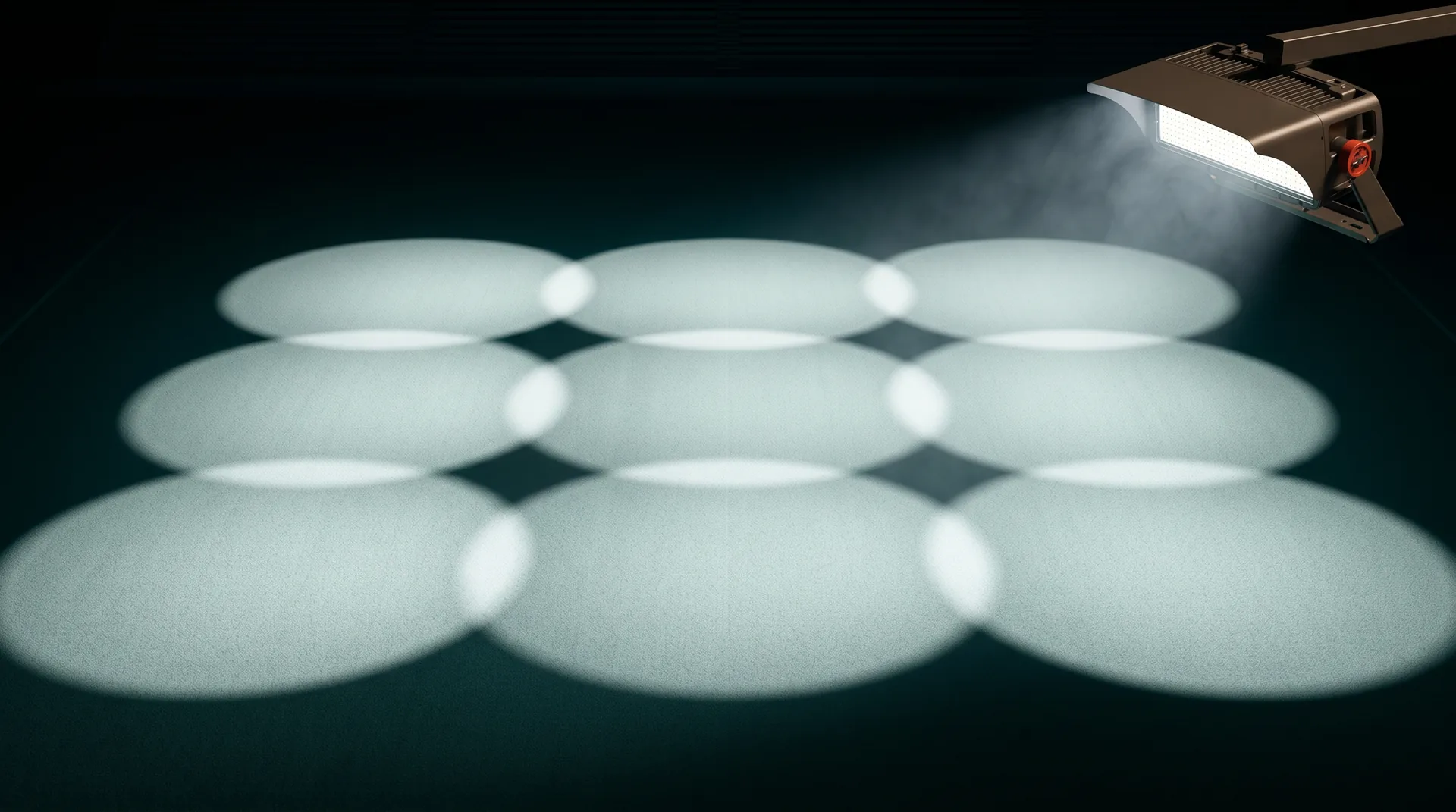 Aerial view of NEMA 3 distribution beam pools on a sports field — uniform 3x3 grid pattern with an Illuminator luminaire visible in the corner