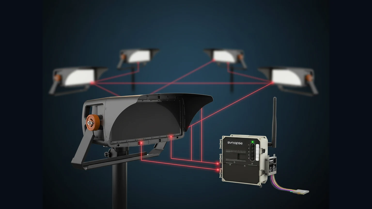 Archipelago Illuminator and Synapse SimplySNAP base station connected by glowing brand-red wireless mesh lines extending out to background fixtures in bokeh — contrⒶLS-Ready wireless mesh network