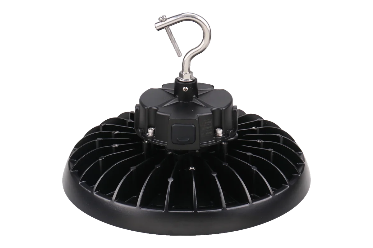 Jupiter-II LRHB240 LED round high bay on a stainless hook