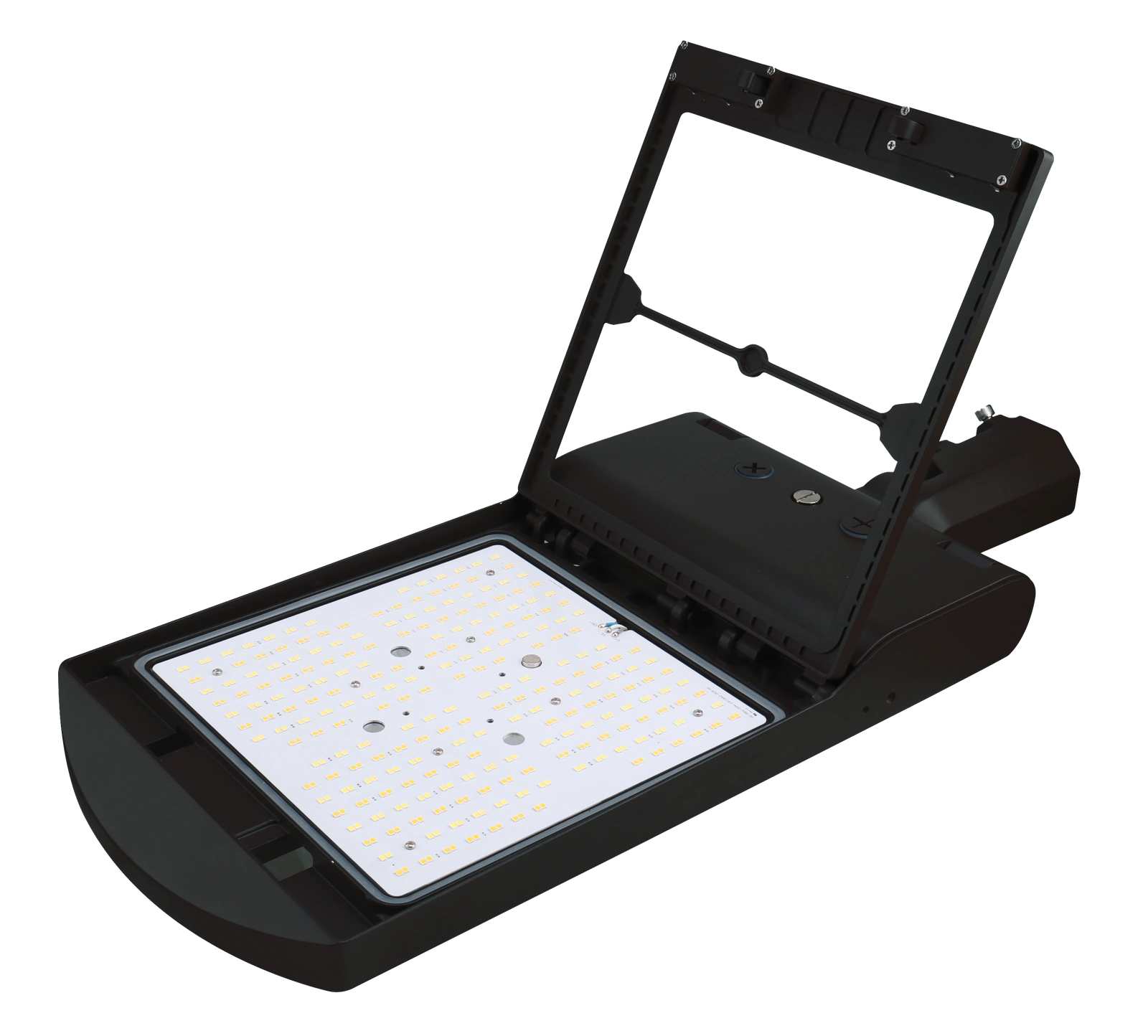 Liberty Series LSBX shoebox area light — primary 3/4 angle view of the dark bronze die-cast aluminum housing with UV-resistant powder coat finish, photocell-ready receptacle on top, 3-CCTSELECT and 3-WATTSELECT DIP-switch driver compartment