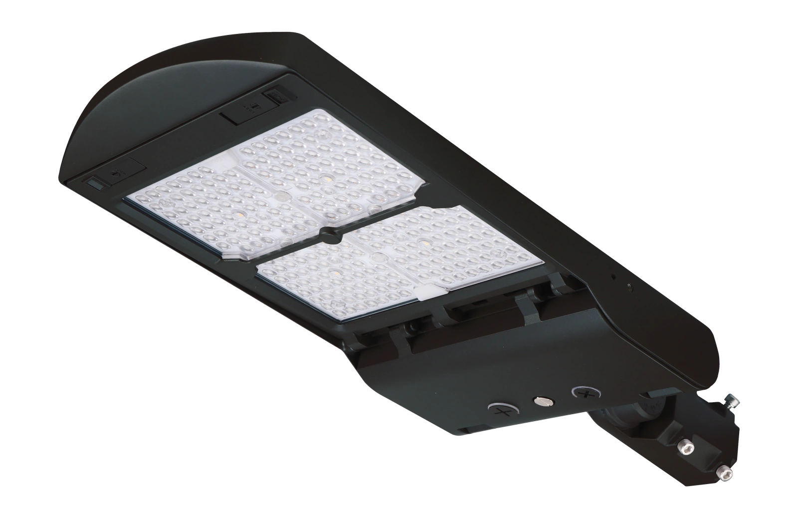 Liberty Series — side perspective view emphasizing the slim 2.37-inch depth of the LSBX shoebox housing, two-piece die-cast aluminum construction with internal respirator pressure-management feature