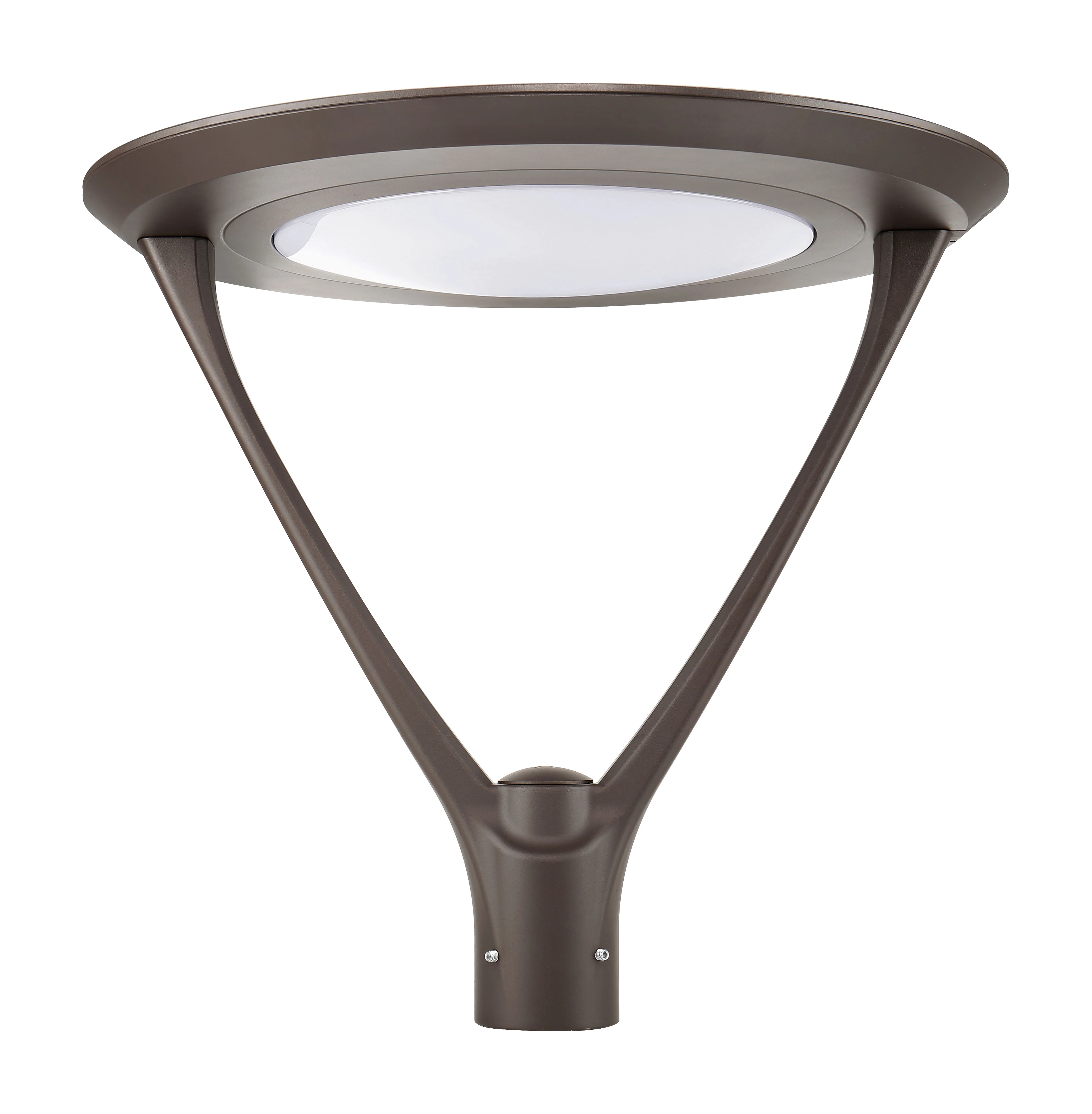 cityⒶRCH Symmetry — round disc-top post luminaire on tapered Y-pole for exterior plaza and courtyard applications