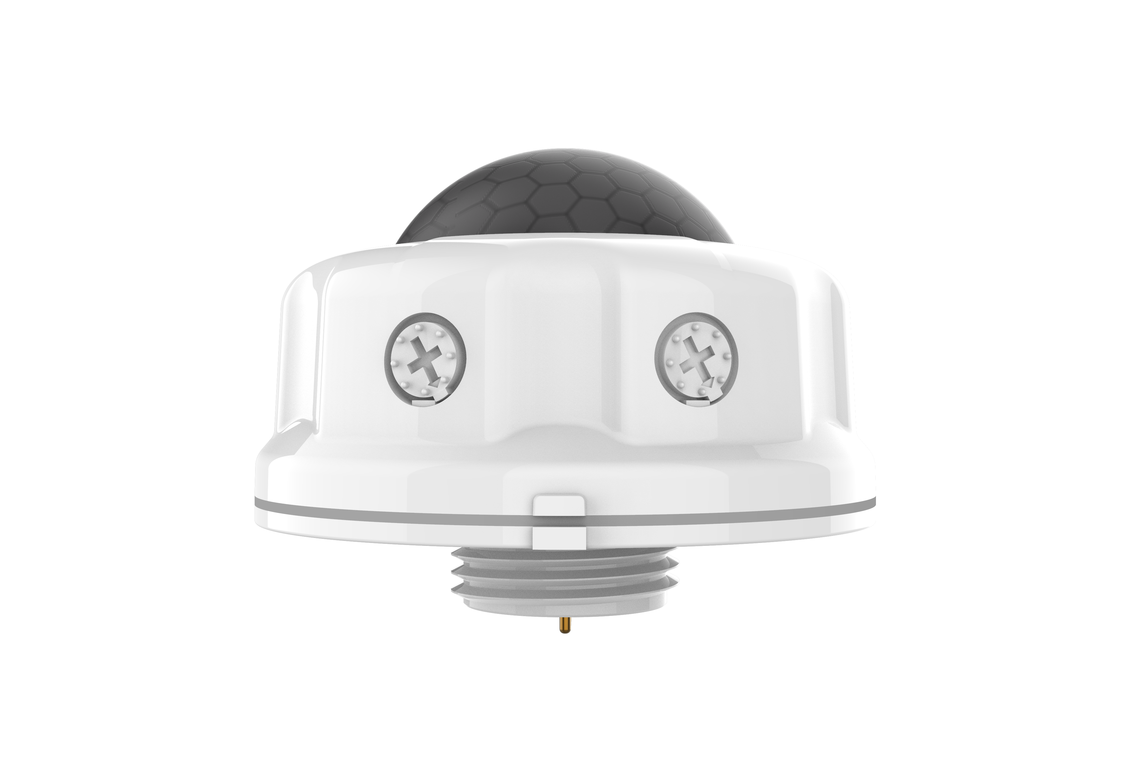 Symmetry contrⒶLS Bi-Level sensor — PIR dome with hexagonal Fresnel lens + two mounting screws · 49-ft mount height · IP65 · drives Title 24 §140.7, IECC §C405.2, ASHRAE 90.1 bi-level credits