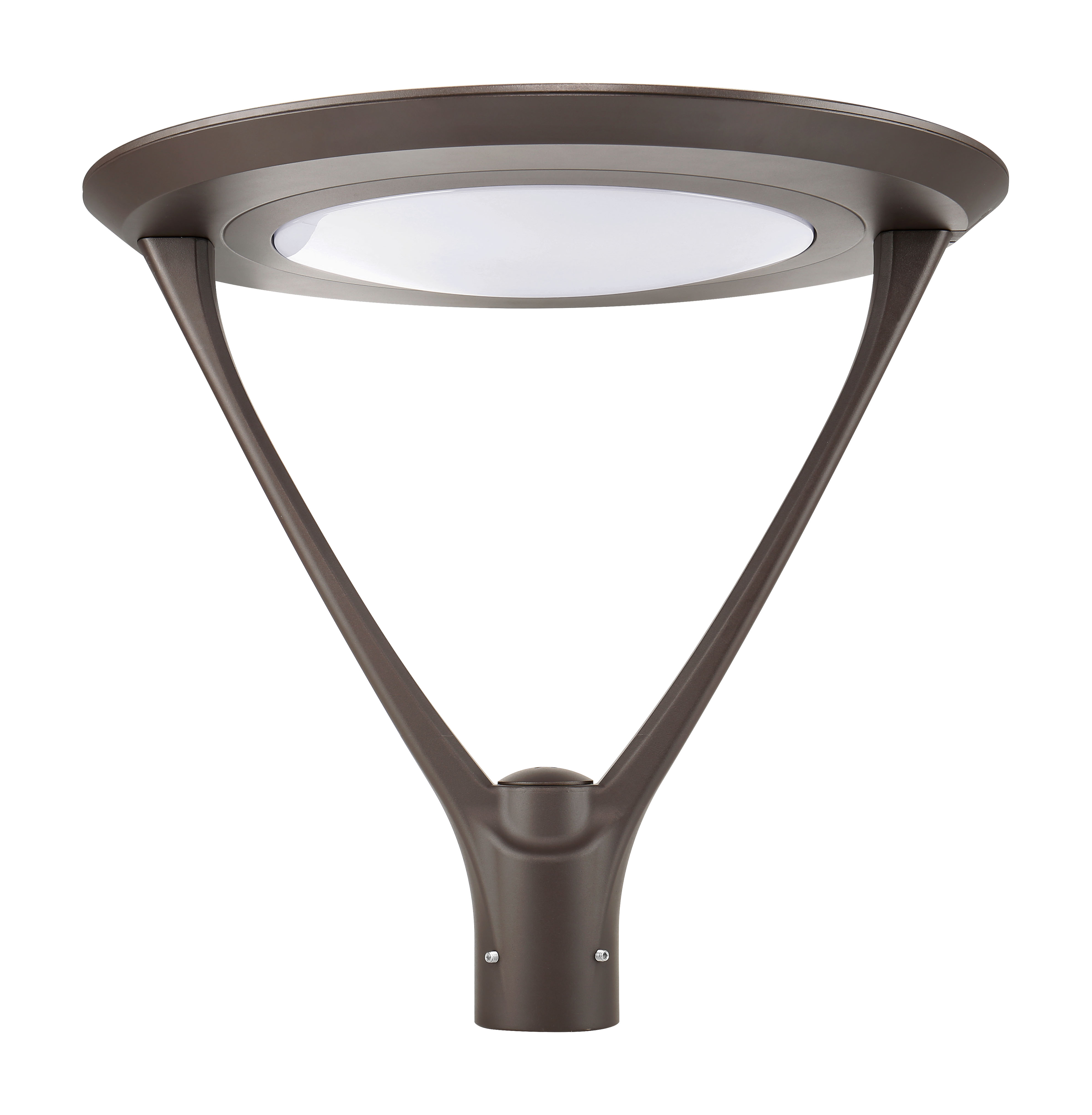 Symmetry-Series LPTP post-top luminaire — front-on studio view of the dark bronze die-cast aluminum housing with disc-shaped luminous lens, V-frame yoke, and 2-3/8-inch pole fitter. The mainline LPTP090/130/160 round-top cap configuration.