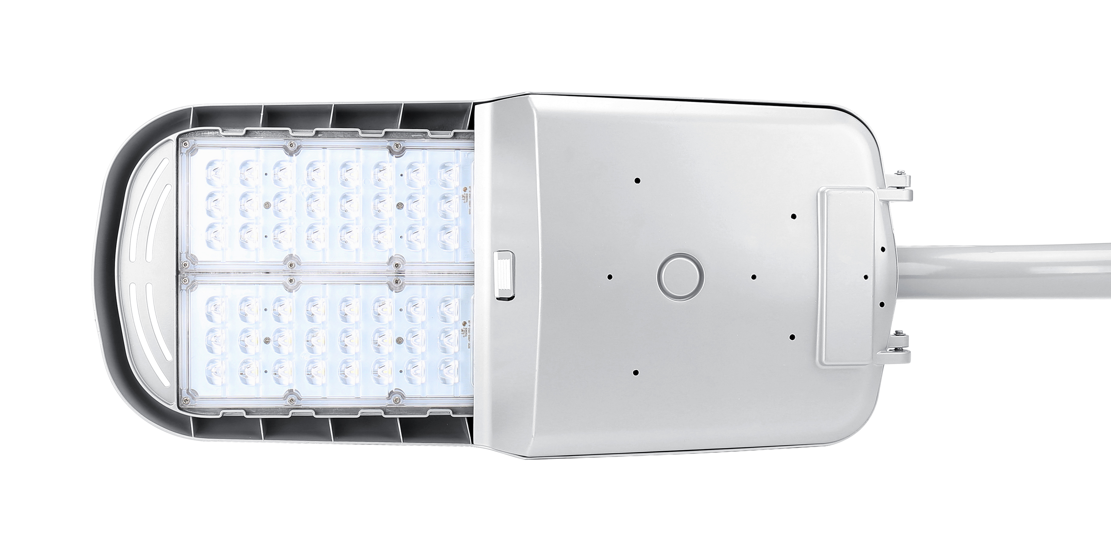 LRDW Abbey — Silver finish · top-down hero view showing 50-LED array, rectangular cobra-head profile, photocell mounting hole + bird guard, mast-arm slip-fitter