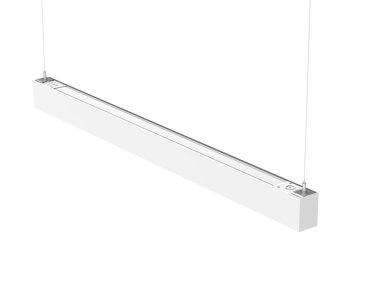 Luna architectural linear pendant suspended in a clean studio environment, demonstrating the spec-grade 2.3-inch extruded aluminum profile and visualizing the 190 lumen-per-watt class-leading efficacy that beats every published competitor in the architectural linear category