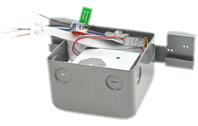 constⒶNT CRCU-EM24/JBM — 24W J-Box quick-install emergency LED driver, gray metal J-Box with wires + test switch + Connect-to-Ground tag, UL 924 listed, 90-min runtime