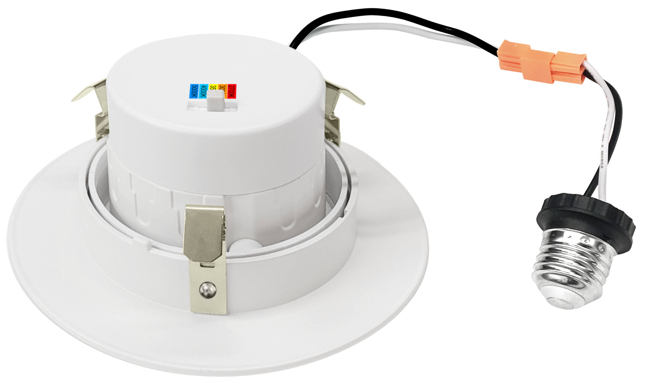 LDGR Orbit-I — 4″ side profile showing the gimbal pivot inside the trim ring + E26 socket adaptor with anti-corrosion cap