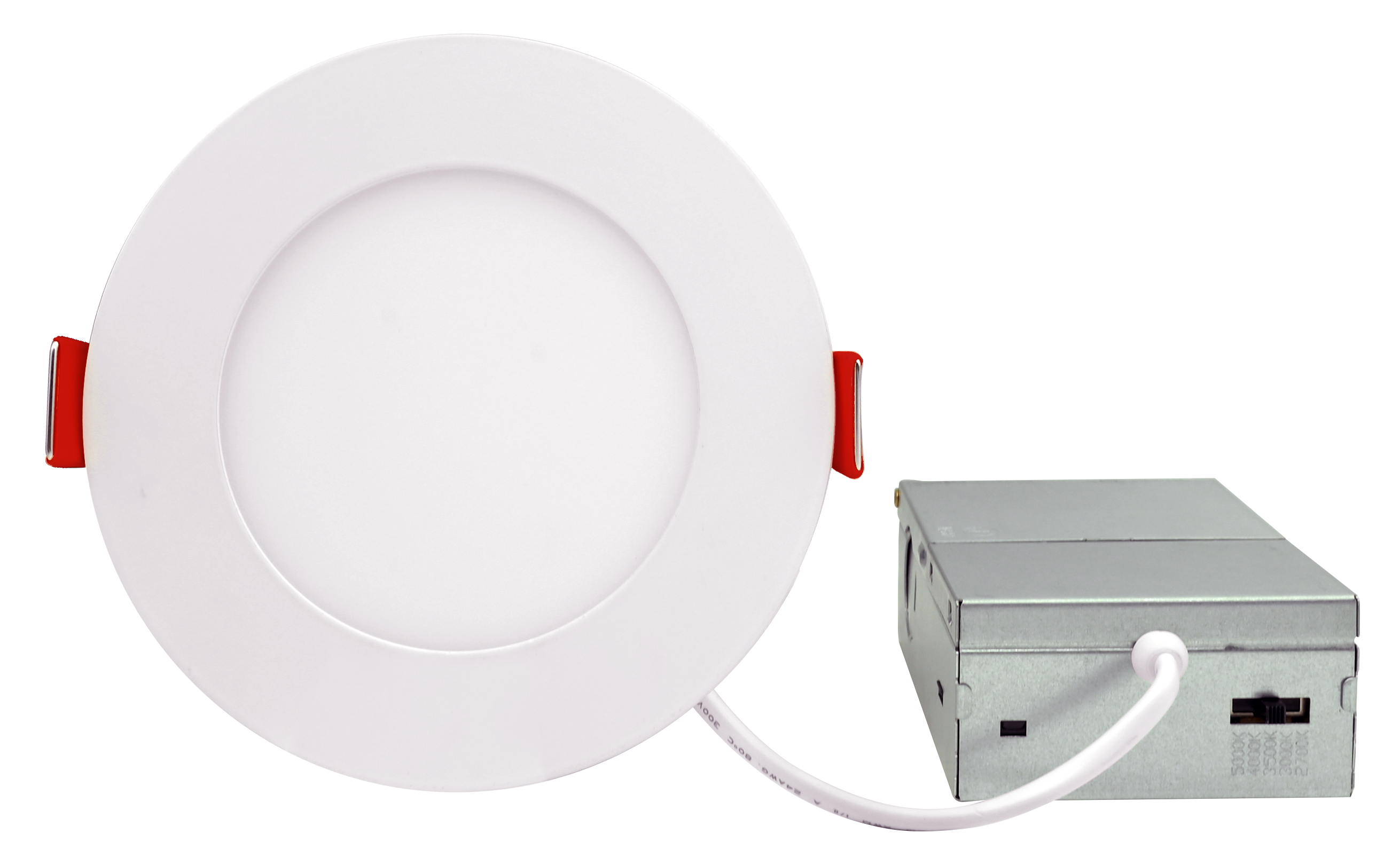 LDRS409-R2S5F Radius-II — 4″ smallest size in white, 9W / 644 lm at 4000K, front view showing the centered edge-lit PMMA lens and 0.38″ ultra-slim profile