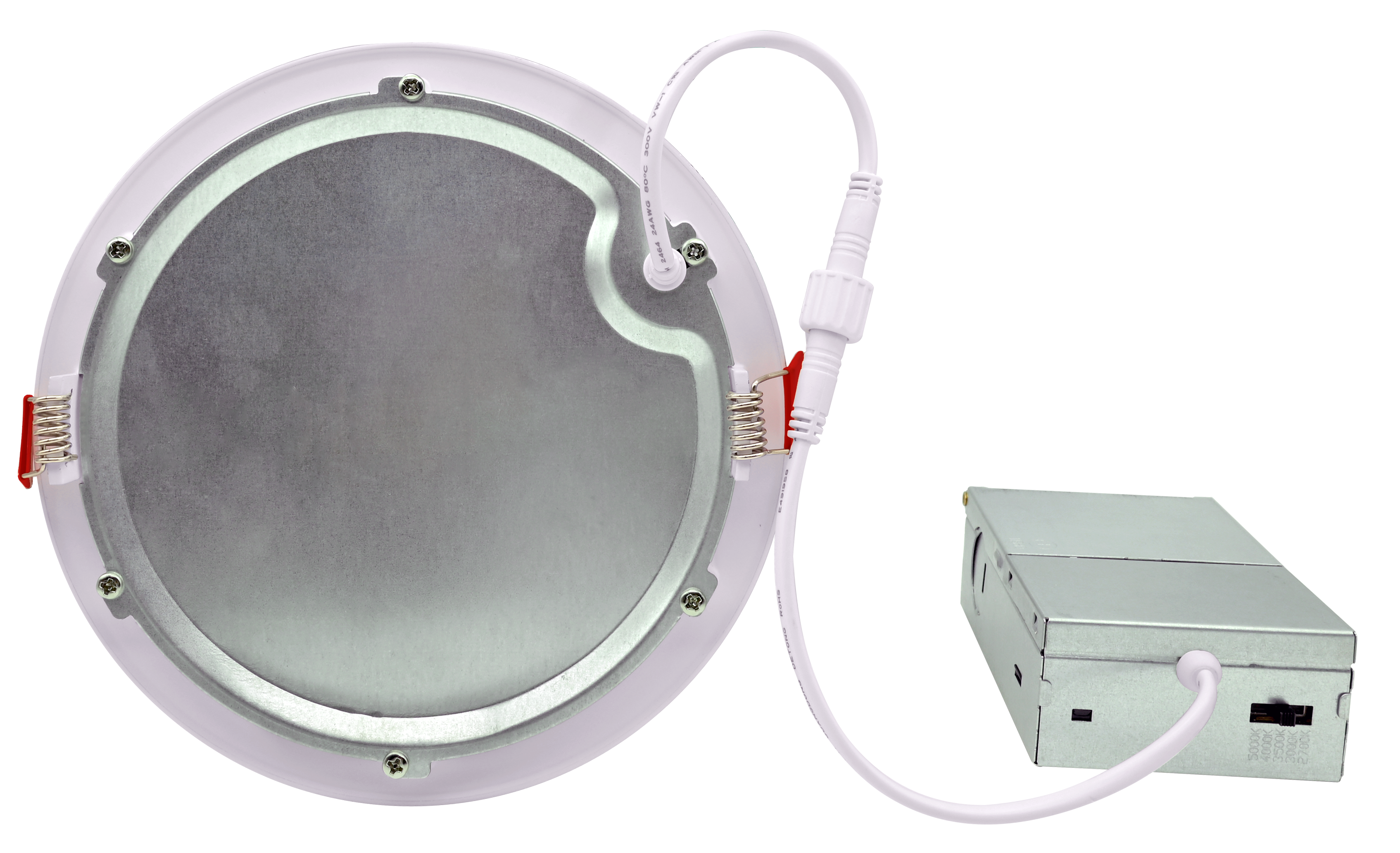 Radius-II Plug-n-Play J-Box system — exploded view showing the 6″ wafer disk + remote driver J-Box with electronically isolated 5-CCTselect dip switch on the J-Box face (not the disk)