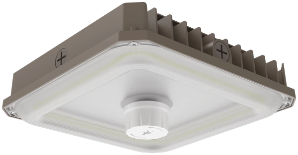 LCNP Navigator — PRO canopy with 3-WATTSELECT × 3-CCTSELECT, reflector + refractor optic with 140° beam available, DLC ⒶCS networked controls and SILVAIR Bluetooth Mesh support, integrated photocell + bi-level PIR sensor variants