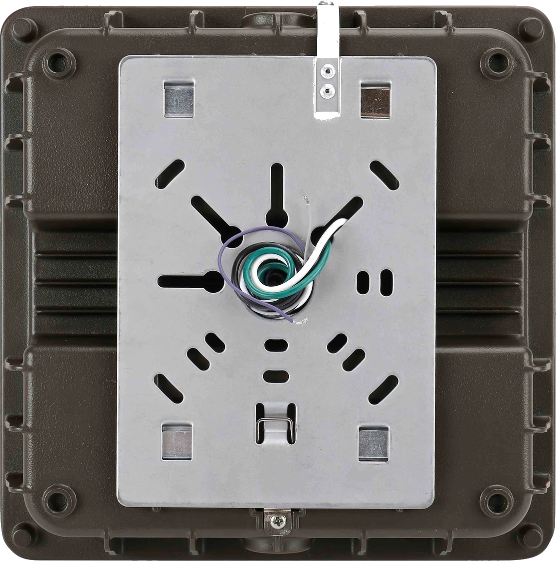 Pathfinder Series — 27/40W LCNP060 housing, back-angle three-quarter view exposing the driver-chamber lid and conduitⒶREADY ½-inch NPS knockouts on three sides