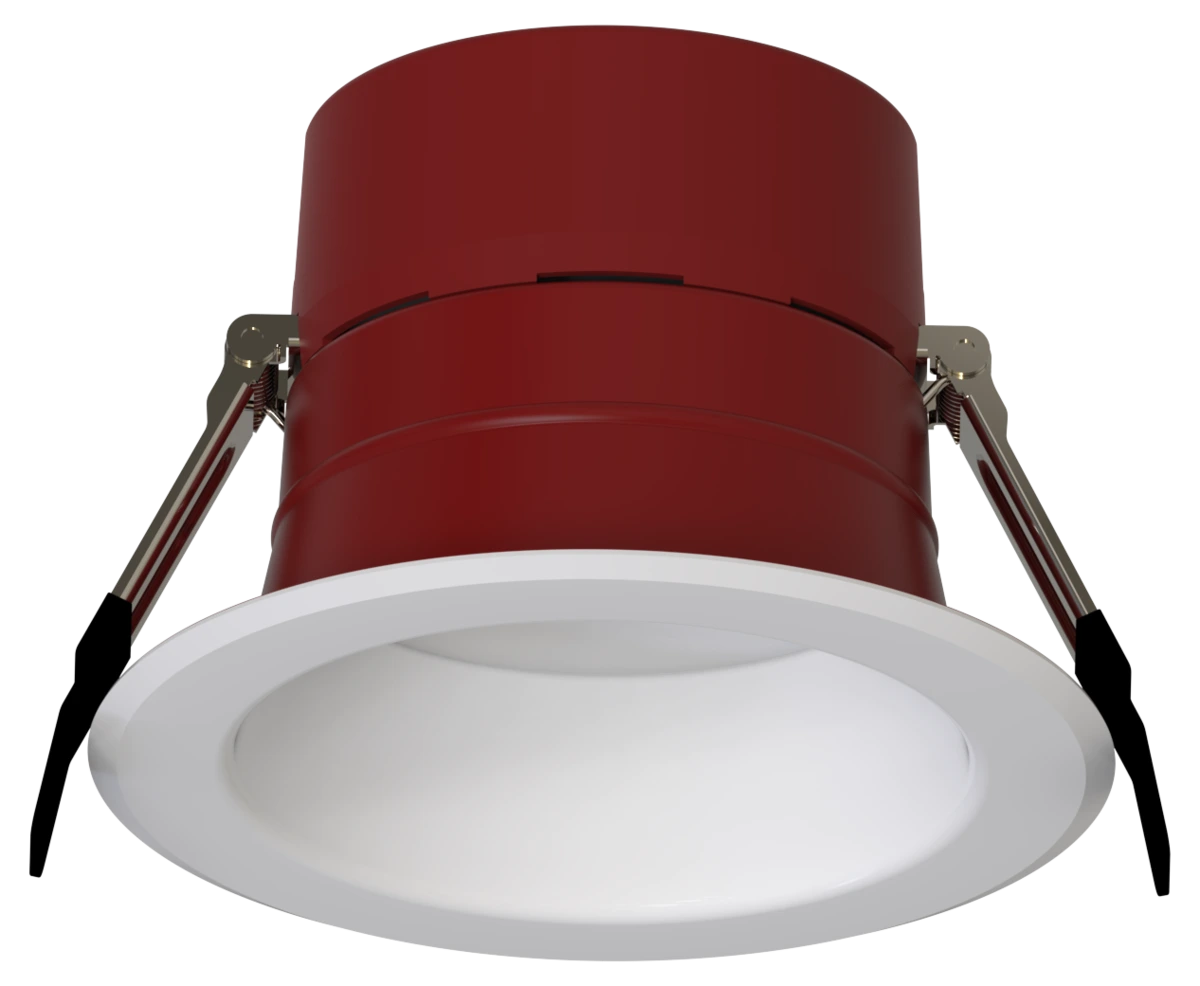 LCDL Solstice SafeZone · 4-inch round aperture · ThermalⒶRMOR red housing · 2-hour fire-rated commercial downlight