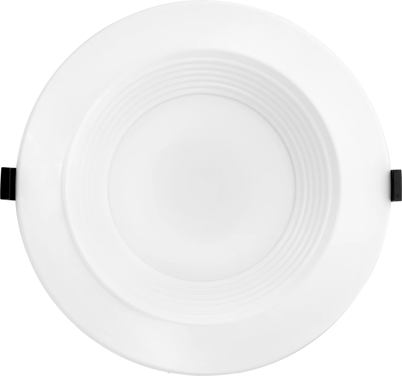 LCDL Solstice LCDL8 8-inch fixture · the family-best 110 LM/W efficacy SKU · matte white spun aluminum trim with frosted PC diffuser shown at 3/4 angle
