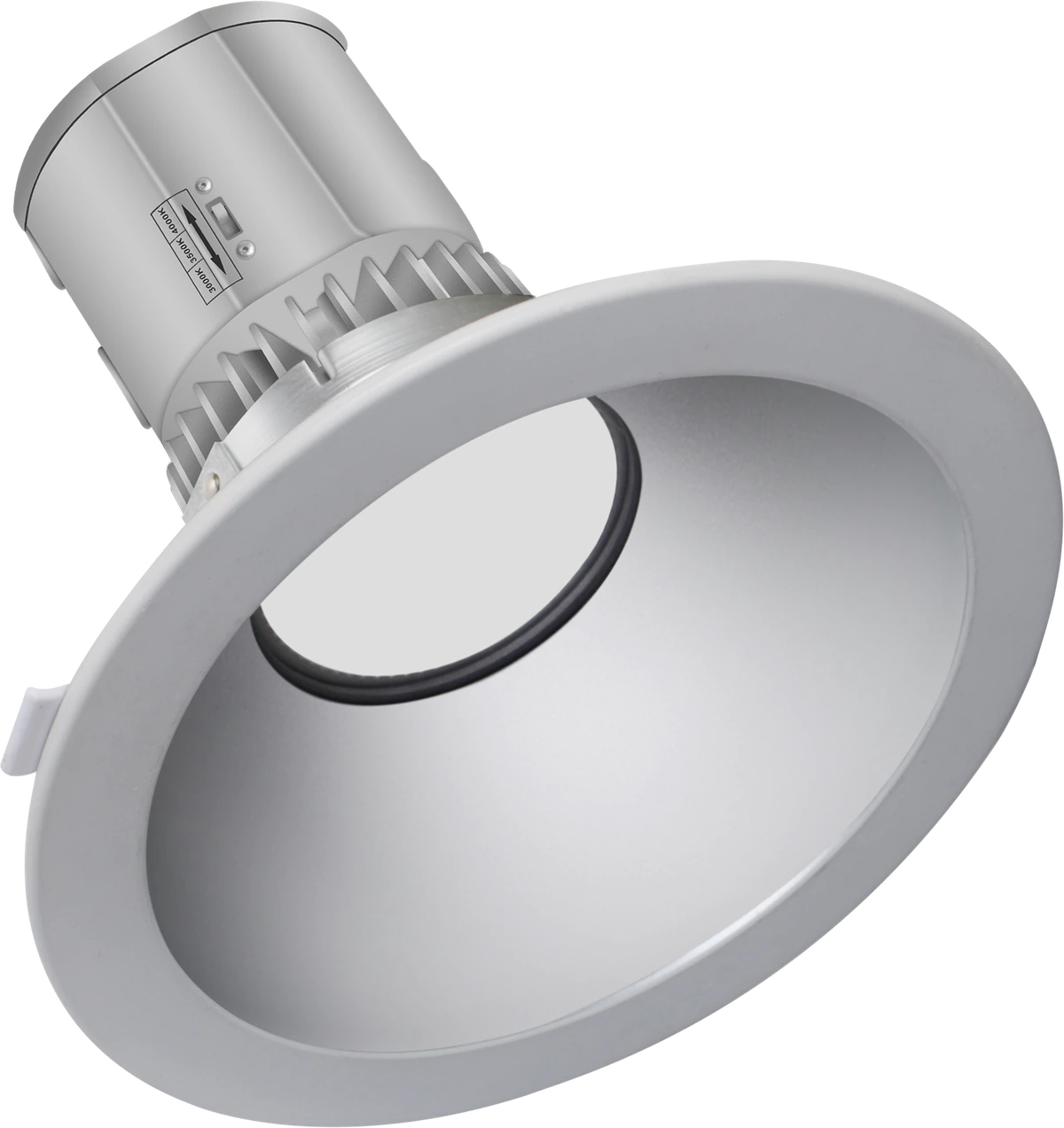 LCDL Spectra · 8-inch round aperture · assembled view showing larger lit-plane for higher-ceiling commercial applications