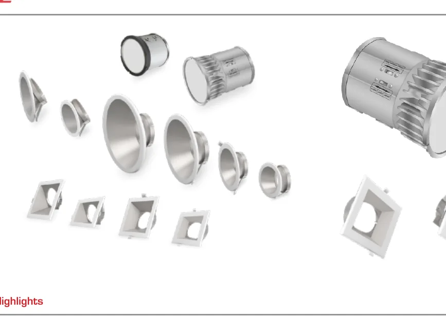 LCDL Spectra component-explosion view showing the Twist-Lock Modular Design — driver + integrated J-Box + separable trim + interchangeable Round and Square reflectors broken apart for distributor inventory optimization · driver SKU and trim SKU ship as separate stocking lines, combined at install