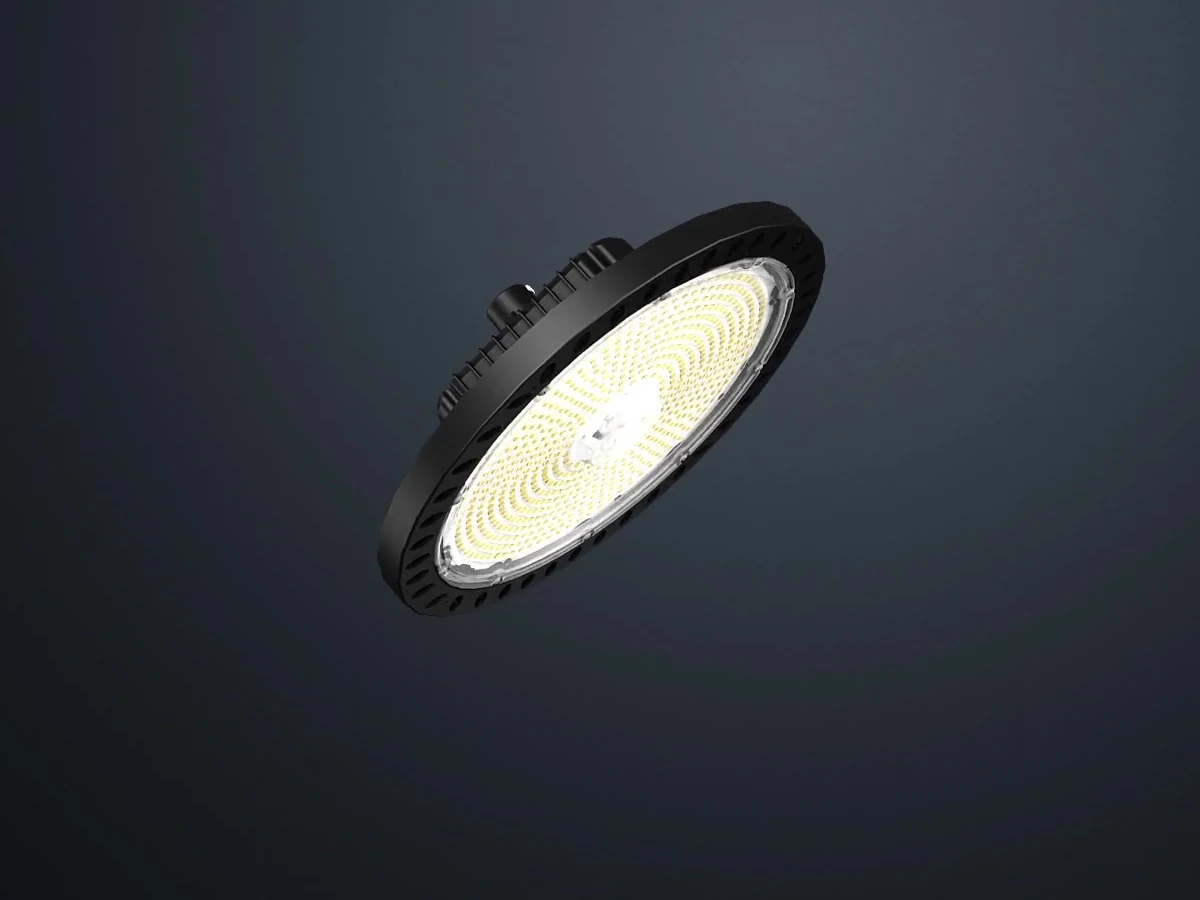 lamparⒶRCH Icarus — LRHB round UFO LED high-bay luminaire &middot; 3-WATTselect (100-300W across 3 classes) &middot; 4-CCTselect dip-switch &middot; 90&deg; wide optic &middot; for warehouse, parking-deck, manufacturing, and high-bay back-of-house spaces