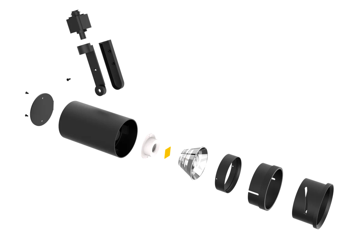 Trackstar LED track head, exploded view of the housing and optic